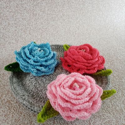 Вязаные цветы Розы на подносе, 21×7 см — фото 2
